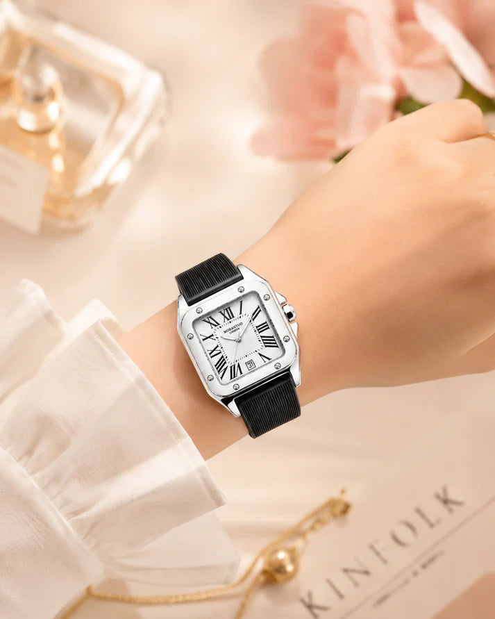 Luxury Square Roman Numeral Women's Watch – Black Silicone Strap